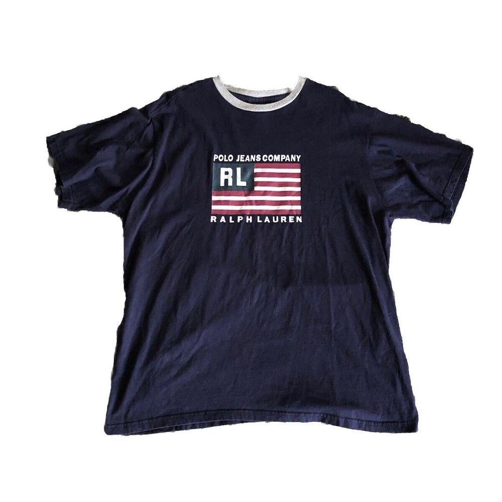 Vintage 90s Polo Ralph Lauren Jeans Company American Flag T-Shirt Mens'L USA